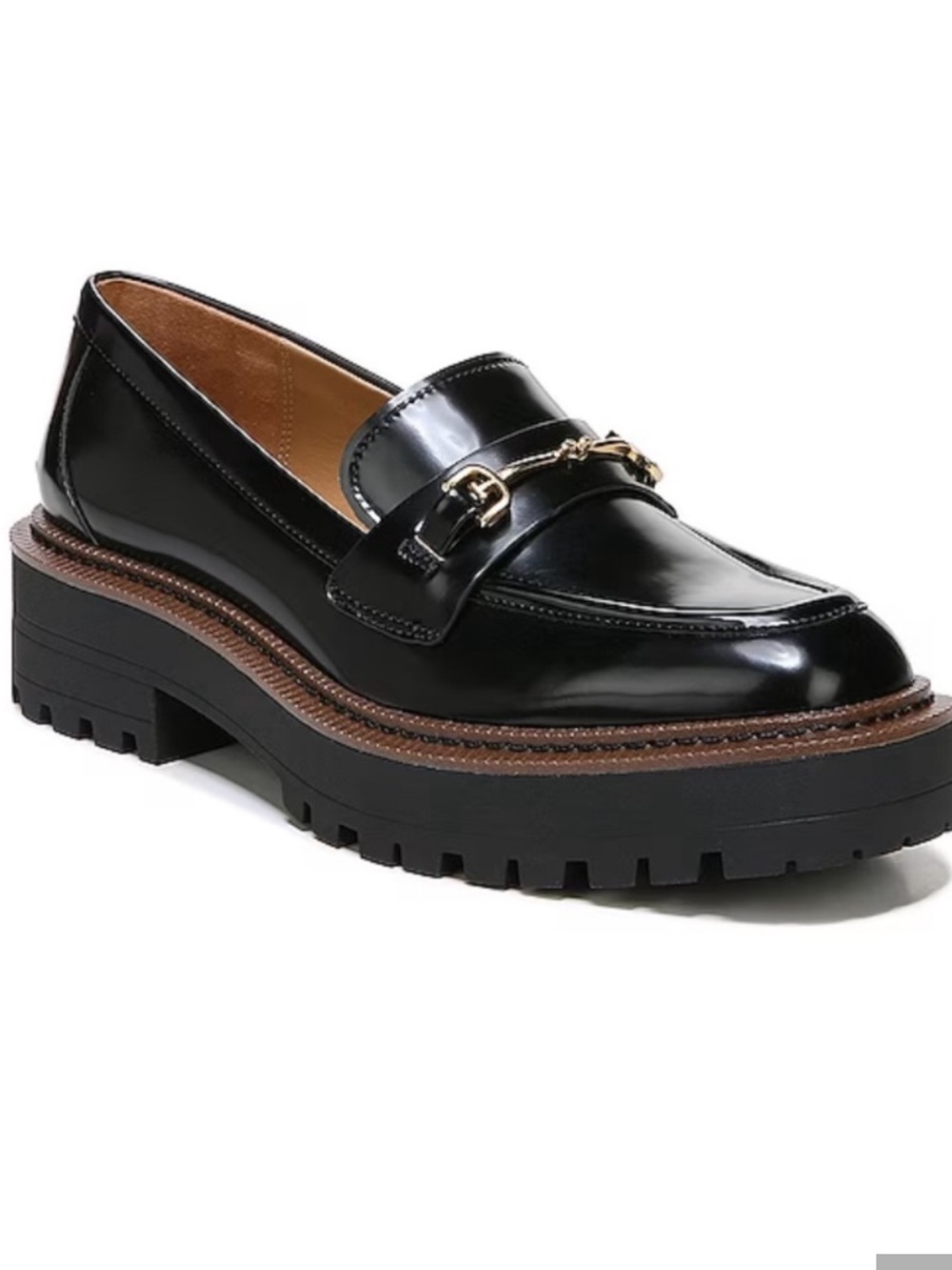 Sam Edelman Black Patent Lug Sole Loafer with Gold Bit